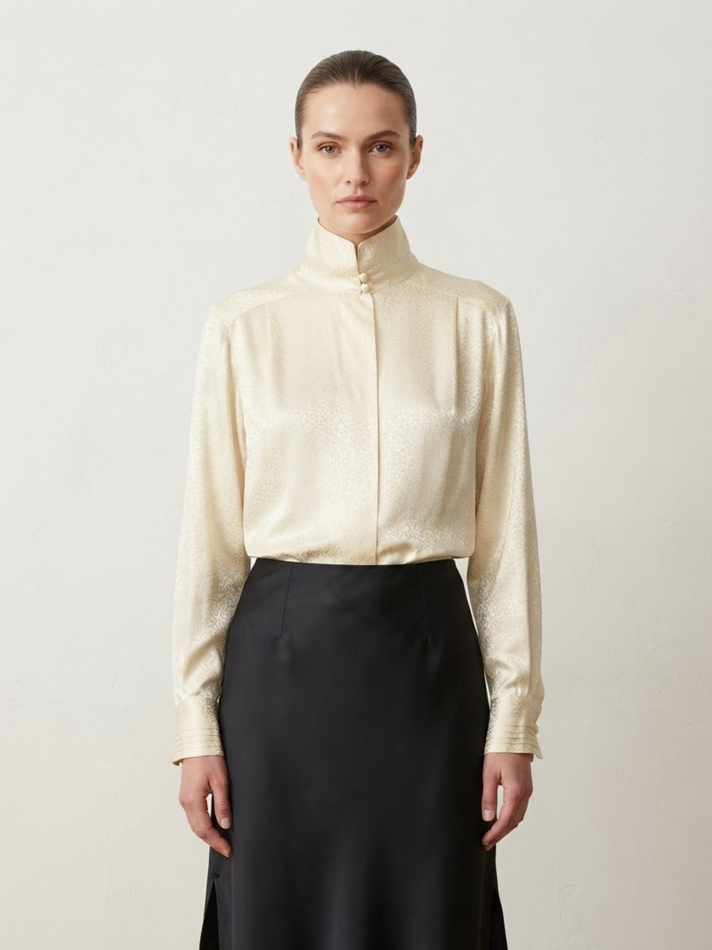VTG Austin Reed 100% Silk Jacquard Pleated Convertible Collar Blouse Cream Sz 14